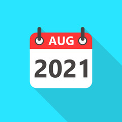 August 2021 Calendar Flat Style Icon Long Shadow. August 2021 Business Calendar Planner Flat Vector Icon. Vector Illustration