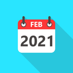 February 2021 Calendar Flat Style Icon Long Shadow.  February 2021 Business Calendar Planner Flat Vector Icon. Vector Illustration