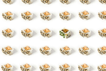 Seamless pattern of delicious sushi isolated on white background. Pattern is broken with sushi with chives. Layer plan