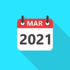 March 2021 Calendar Flat Style Icon Long Shadow. March 2021 Business Calendar Planner Flat Vector Icon. Vector Illustration