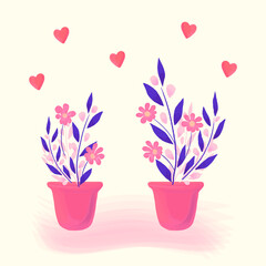 Home flowers, plants in a pot. Bright spring or summer floral romantic illustration in pink and purple colors. Vector cartoon hand drawn design of delicate flowers and hearts for greeting card, banner