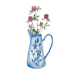 Illustration of flowers in a blue vase. Painted in watercolour. Clover flowers. Picture for postcards, prints, posters, stickers.