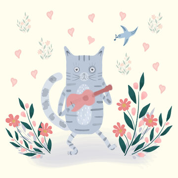 Bright illustration of cat with a guitar, birds, flowers, hearts. Cute cartoon drawing. Happy Valentines color hand drawn vector design for children, kids, baby. Spring, summer landscape greeting card