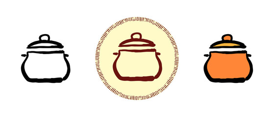 This is a set of icons with a different style of the pot. Outline, color and retro pot symbols. Freehand drawing, doodles. Stylish solution for website and label.
