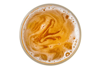 Beer in glass. Beer foam with bubble. View from above.