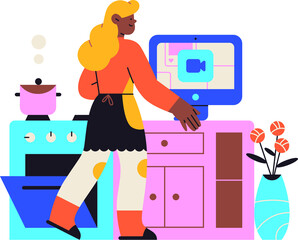 A illustration pack of characters working from home, exercising from home, playing games indoors, keeping in touch over social media, and living inside their homes.