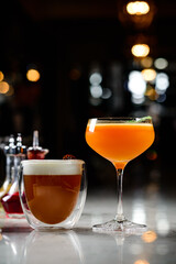 Colorful cocktails close up Set of colored classic cocktails bar. Menu bar Alcohol. Selection of best selling drinks cocktails martini and short bar blurred background
