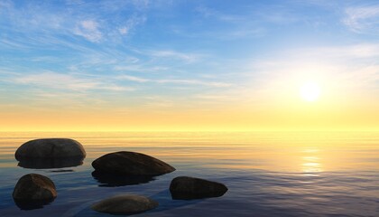 Fototapeta na wymiar Stones in the water by the sea at sunset, rocky ocean beach at sunrise, 3D rendering