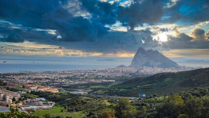 view of the rock of gibraltar from spain - obrazy, fototapety, plakaty