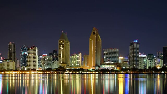 San Diego Night Skyline Reflections on Coronado Bay California USA Time Lapse Pan Right