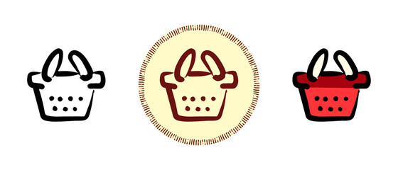 This is a set of icons with different style of shopping cart. Shopping basket outline, colors and retro symbols. Freehand drawing, doodles. Stylish solution for website and label.