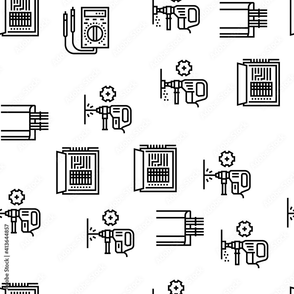 Poster electrical installation tool icons set vector. socket and substation automation box installation, wa