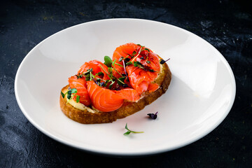 Fresh homemade sandwich with salmon. salmon bruschetta
