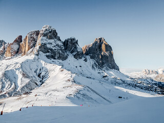 Ski resort in the Alps. snow in the mountains and a ski track. Beautiful snowy mountain landscape...