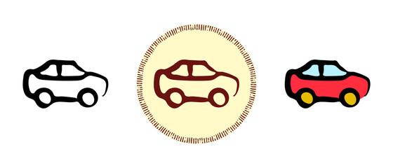 This is a set of icons with different styles of children's cars. Outline, colors and retro symbols of a child's car. Freehand drawing, doodles. Stylish solution for website and label.