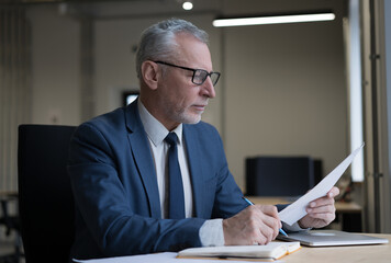 Senior businessman wearing glasses working in office. Successful business concept. Pensive man reading contract, taking notes, brainstorming, planning project at workplace   