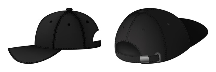 Design template, vector realistic black baseball cap front, back and side view isolated on background. Realistic back, front and side view. Vector baseball cap front and side view.