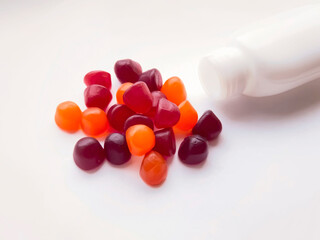 Group of red, orange and purple multivitamin gummies with the bottle isolated on white background....