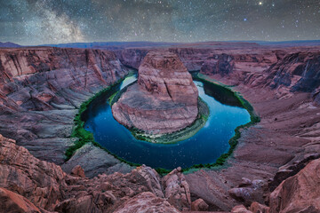 panorama photo of Horseshoe bend with milky way and stars reflection in colorado river, arzona, united states of america. Travel and art concept. - Powered by Adobe