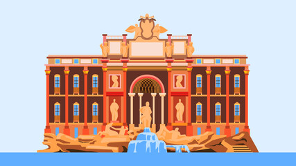 The Trevi Fountain flat illustration. Fontana di Trevi, a fountain in the Trevi district in Rome, Italy  - obrazy, fototapety, plakaty