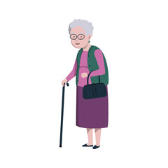 Еlderly woman with walking stick in standing position. Vector illustration in flat style.