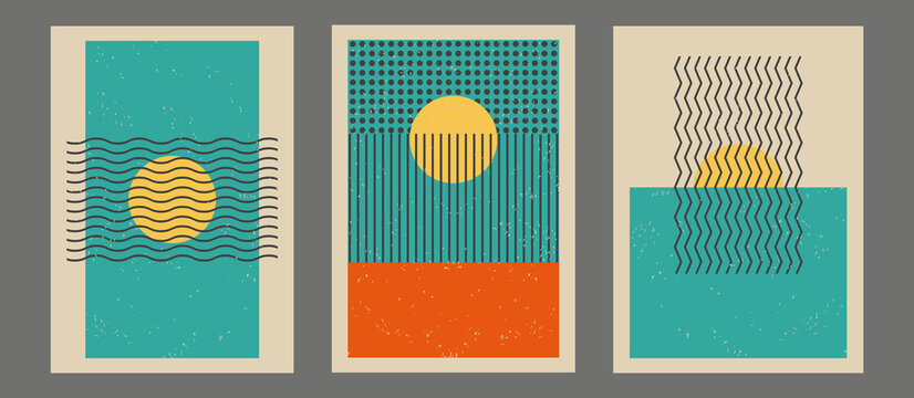 Vintage bauhaus collection. Set of minimal 20s geometric design posters, vector template with primitive shapes elements, modern hipster style. For wall decoration, brochure cover, posters, background.