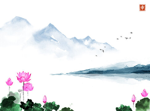 Oriental landscape with lotus flowers and blue mountains. Traditional oriental ink painting sumi-e, u-sin, go-hua. Hieroglyph - happiness.