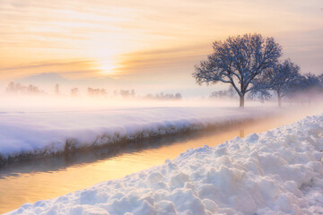 Winter sunset by the river