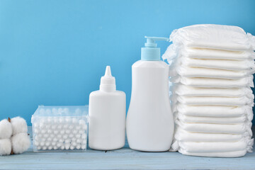 Child care products. Children's cosmetics and hygiene. Body care. White plastic models of bottles...