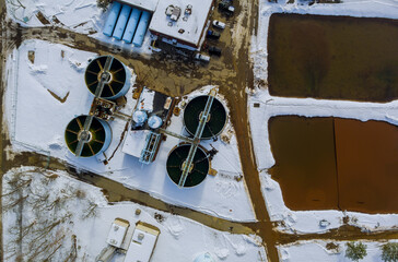 View of sewage treatment plant in winter season with ecological environmental pollution