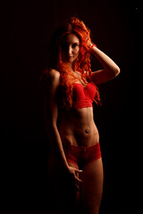 Fototapeta premium Beautiful young woman with long hair in lingerie on black background looking at camera