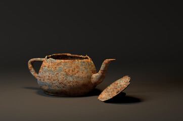 Rusted kettle on a Black background, 3D render image