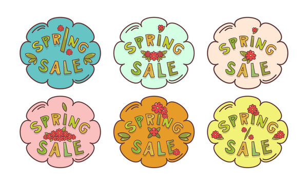 Set multicolored floral frame with text spring sale, flowers and leaves.Vector illustration.