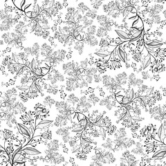 Seamless pattern black-white pencil drawing twigs with flowers. Background for printing on paper or fabric. - 413659243