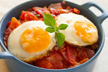 Chinese Sausage and eggs over rice close up. Chinese street food.