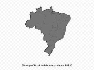 3D map of Brazil with borders isolated on transparent background, vector eps illustration