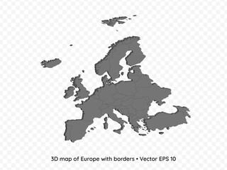3D map of Europe with borders isolated on transparent background, vector eps illustration