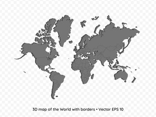 3D map of the world with borders isolated on transparent background, vector eps illustration