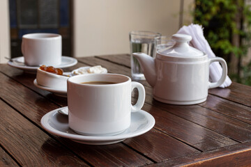 breakfast on a rustic wooden table.