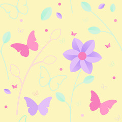 Fototapeta na wymiar Cute flowers and butterfly on yellow background. Seamless pattern. Spring and summer. 