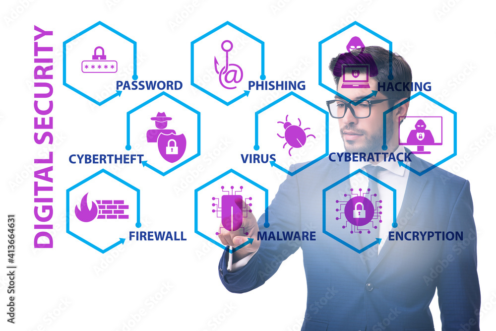 Poster digital security concept with businessman pressing button