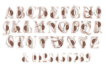 Beige glitter alphabet letters and numbers decorated with abstract shapes isolated on the white background. Can be used for elegant wedding monogram, logotype, poster, initials, baby shower name.