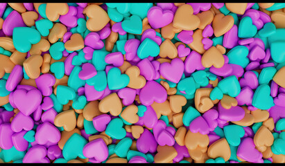 Multicolored hearts background. Sharp focus. Valentine wallpaper. 3D render.  