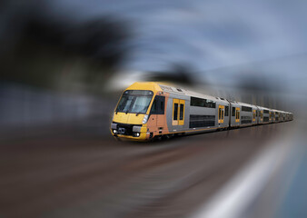 Plakat Radial motion blur Commuter Train approaching Belmore Station in Sydney NSW Australia