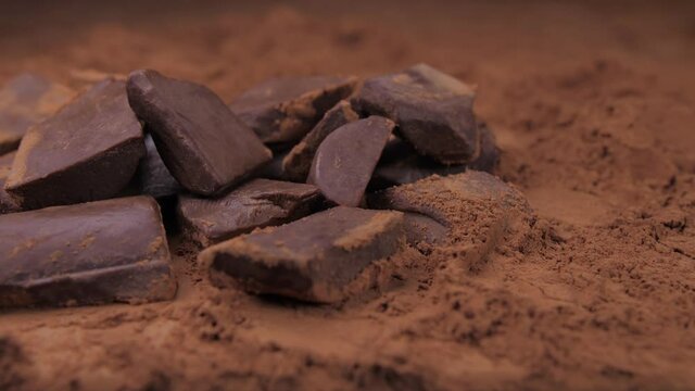 raw chocolate falling into cacoa powder 4k