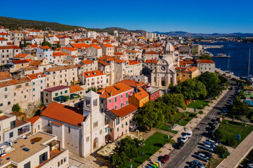 Fototapeta na wymiar Panorama of the mediterranean city of Sibenik and cathedral of St. James. Croatia. Aerial drone shot in september 2020