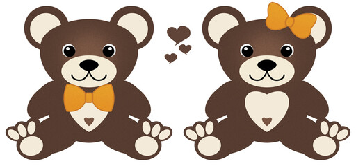 Boy Brown Bear with Bowtie and Girl Bowtie with Yellow Hair Bow and Hearts