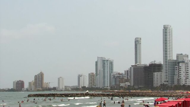 Famous Playa De Bocagrande (Bocagrande beach) in Cartagena, Colombia.