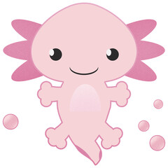 Pink Baby Axolotl and Bubbles Illustration on White Background
