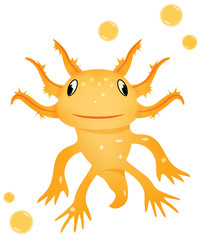 Golden Albino Axolotl with spots and black eyes and yellow Bubbles floating illustration isolated on white.